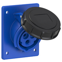 Pin and Sleeve Receptacle Outlet Devices 888-1266-NS IEC 60309 Panel Mount Receptacle Angled Type, IP67 Rated, 20A 250V, 16A 220-250V, 6H, IEC 309 International Pin and Sleeve Devices   